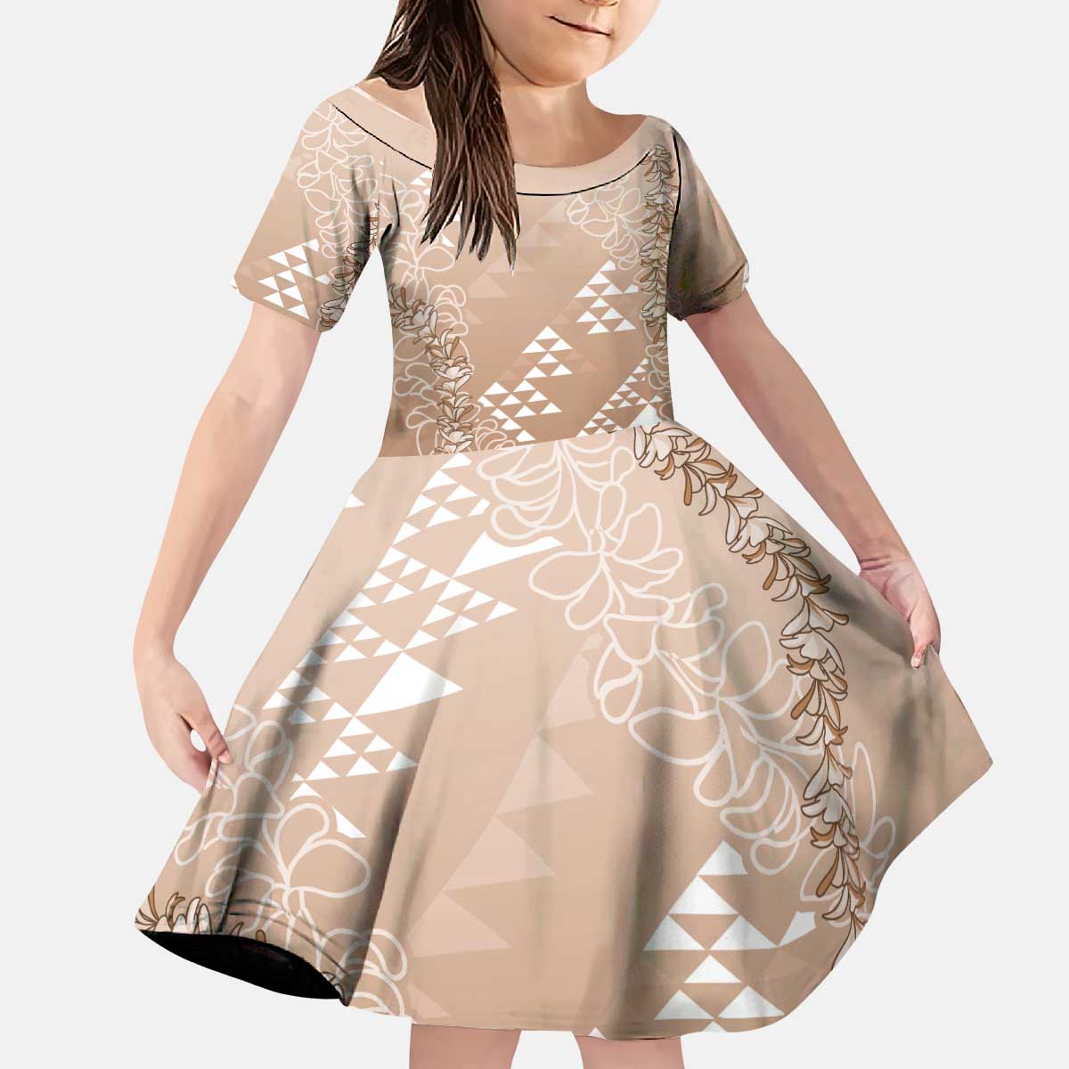 Hawaii Beige Kapa Kid Short Sleeve Dress Vintage 'Ohe Kāpala Motifs Mix Plumeria Leis
