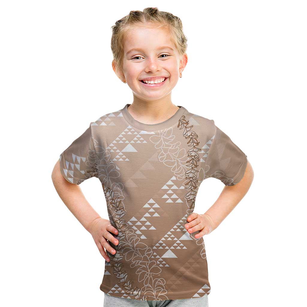 Hawaii Beige Kapa Kid T Shirt Vintage 'Ohe Kāpala Motifs Mix Plumeria Leis LT7 Beige - Polynesian Pride