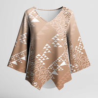 Hawaii Beige Kapa Kimono Sleeve Blouse Vintage 'Ohe Kāpala Motifs Mix Plumeria Leis LT7 Female Beige - Polynesian Pride