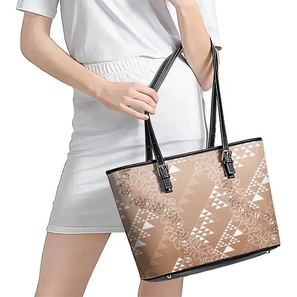 Hawaii Beige Kapa Leather Tote Bag Vintage 'Ohe Kāpala Motifs Mix Plumeria Leis LT7 - Polynesian Pride