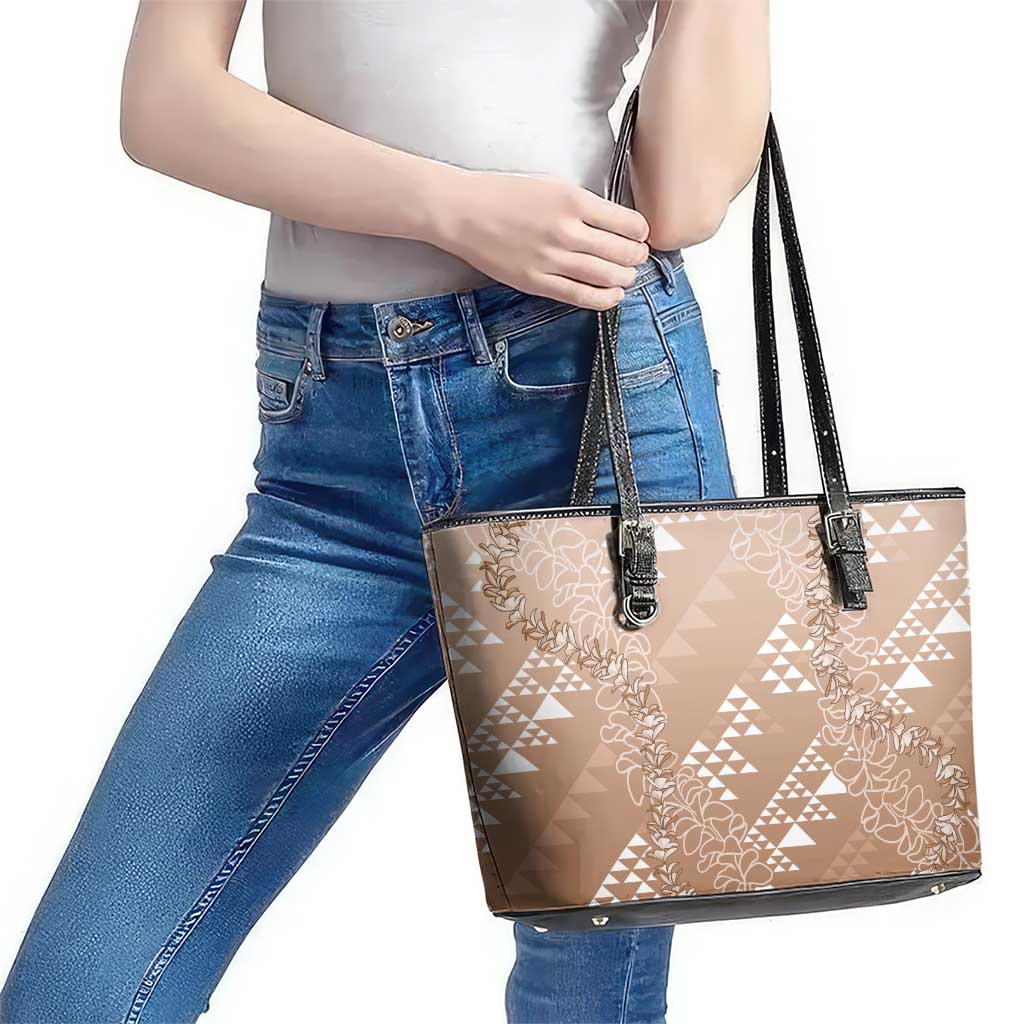 Hawaii Beige Kapa Leather Tote Bag Vintage 'Ohe Kāpala Motifs Mix Plumeria Leis LT7 - Polynesian Pride