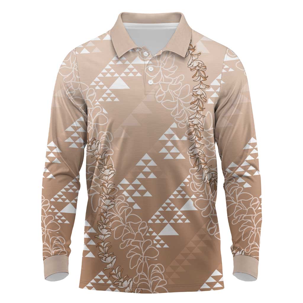 Hawaii Beige Kapa Long Sleeve Polo Shirt Vintage 'Ohe Kāpala Motifs Mix Plumeria Leis
