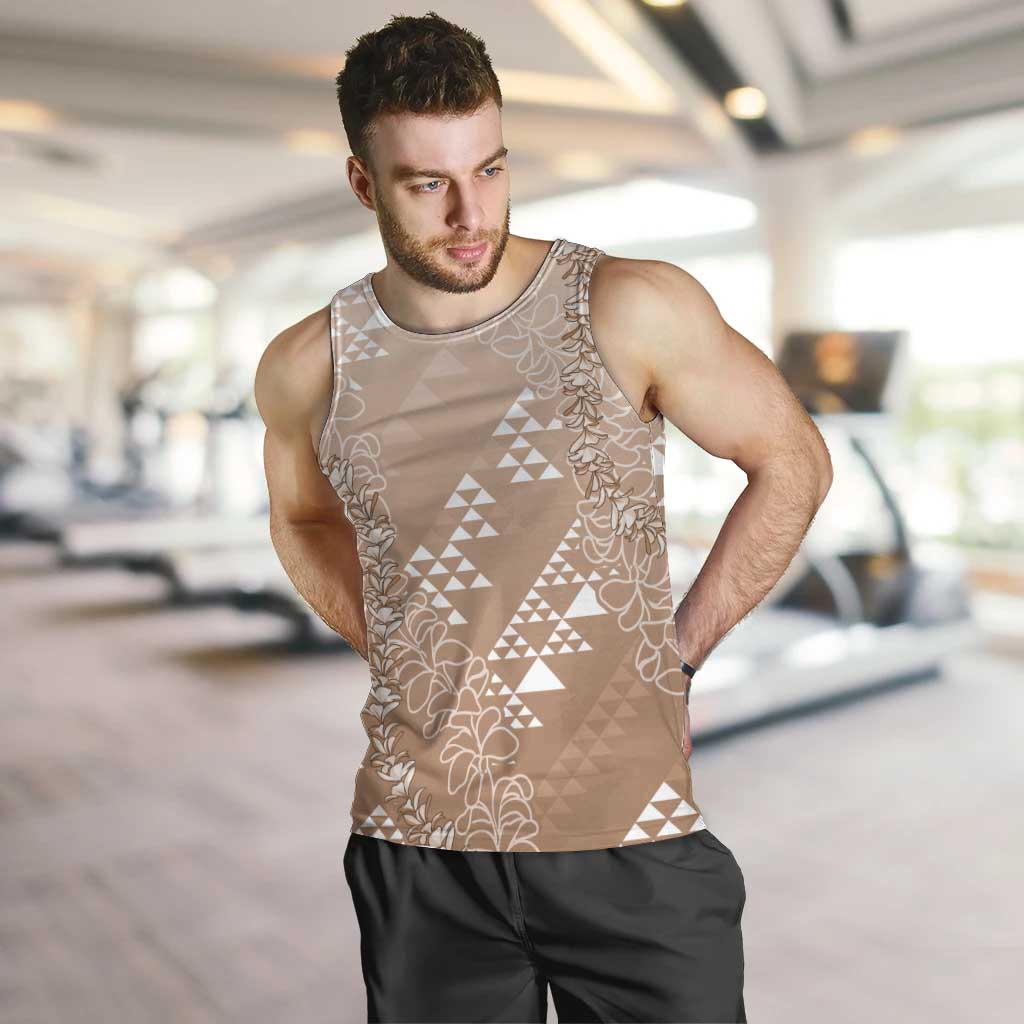 Hawaii Beige Kapa Men Tank Top Vintage 'Ohe Kāpala Motifs Mix Plumeria Leis LT7 Beige - Polynesian Pride