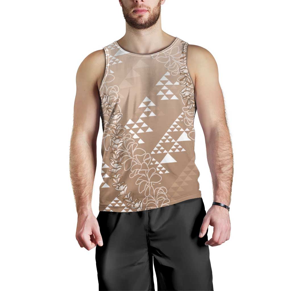 Hawaii Beige Kapa Men Tank Top Vintage 'Ohe Kāpala Motifs Mix Plumeria Leis LT7 - Polynesian Pride