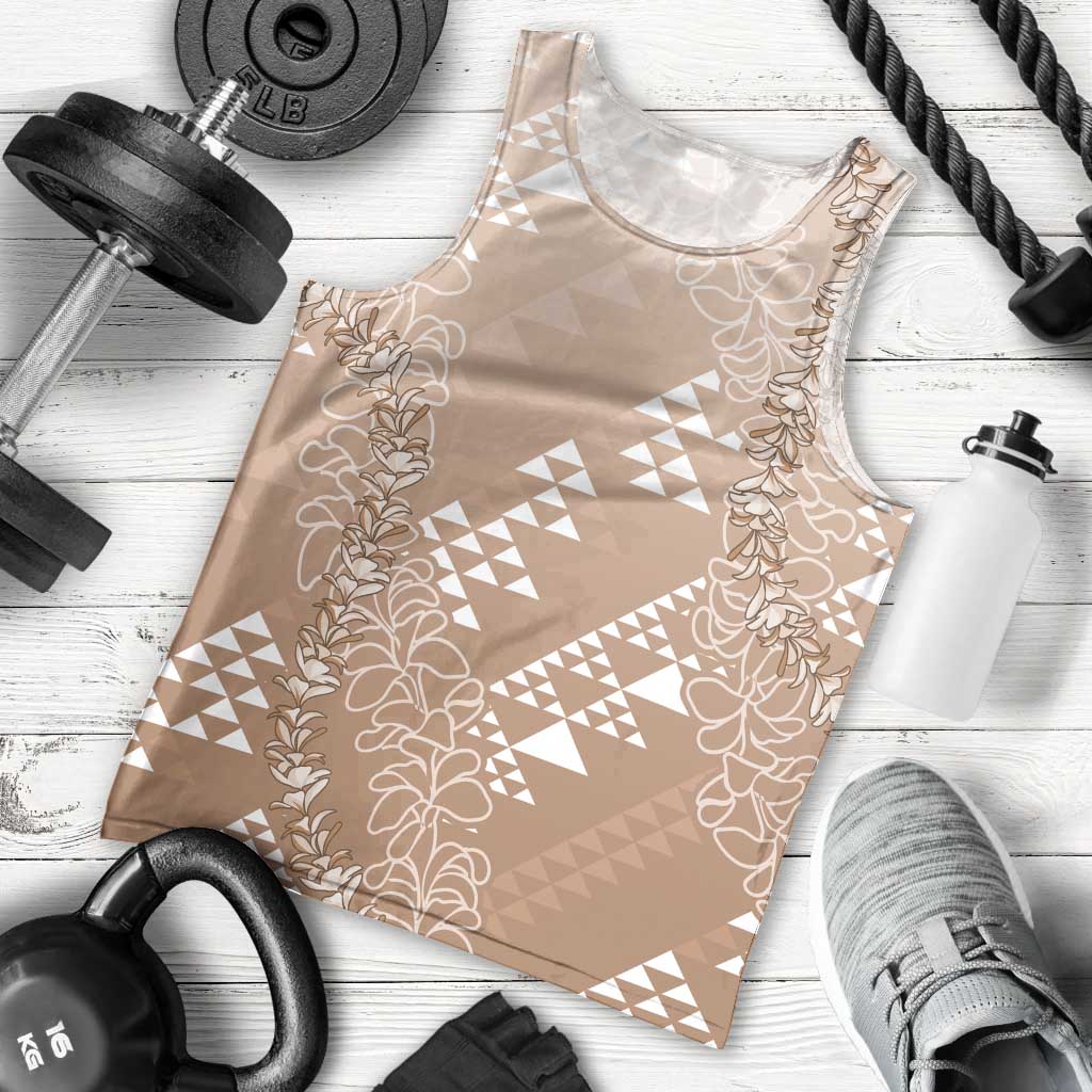 Hawaii Beige Kapa Men Tank Top Vintage 'Ohe Kāpala Motifs Mix Plumeria Leis LT7 - Polynesian Pride