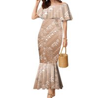 Hawaii Beige Kapa Mermaid Dress Vintage 'Ohe Kāpala Motifs Mix Plumeria Leis LT7 Women Beige - Polynesian Pride