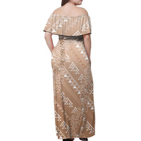 Hawaii Beige Kapa Off Shoulder Maxi Dress Vintage 'Ohe Kāpala Motifs Mix Plumeria Leis LT7 - Polynesian Pride