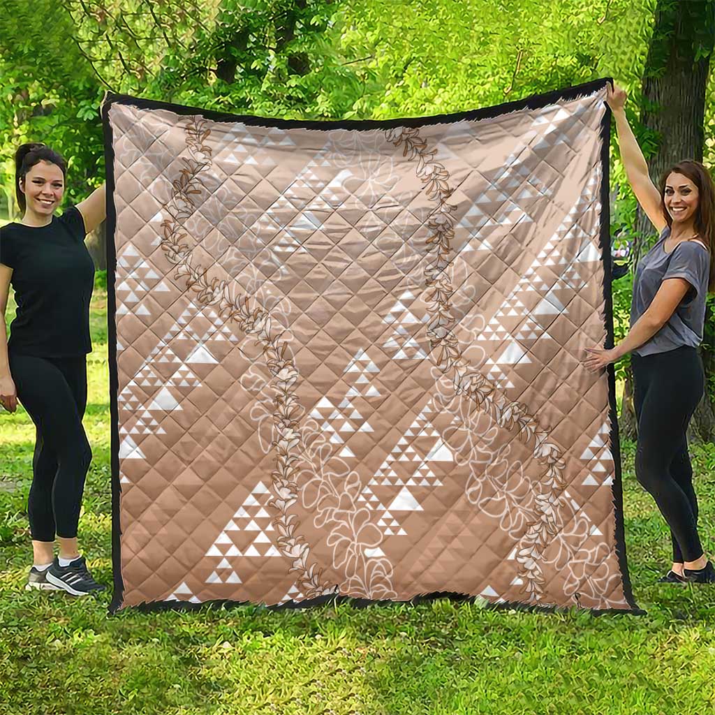 Hawaii Beige Kapa Quilt Vintage 'Ohe Kāpala Motifs Mix Plumeria Leis