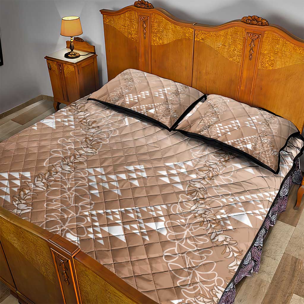 Hawaii Beige Kapa Quilt Bed Set Vintage 'Ohe Kāpala Motifs Mix Plumeria Leis LT7 - Polynesian Pride