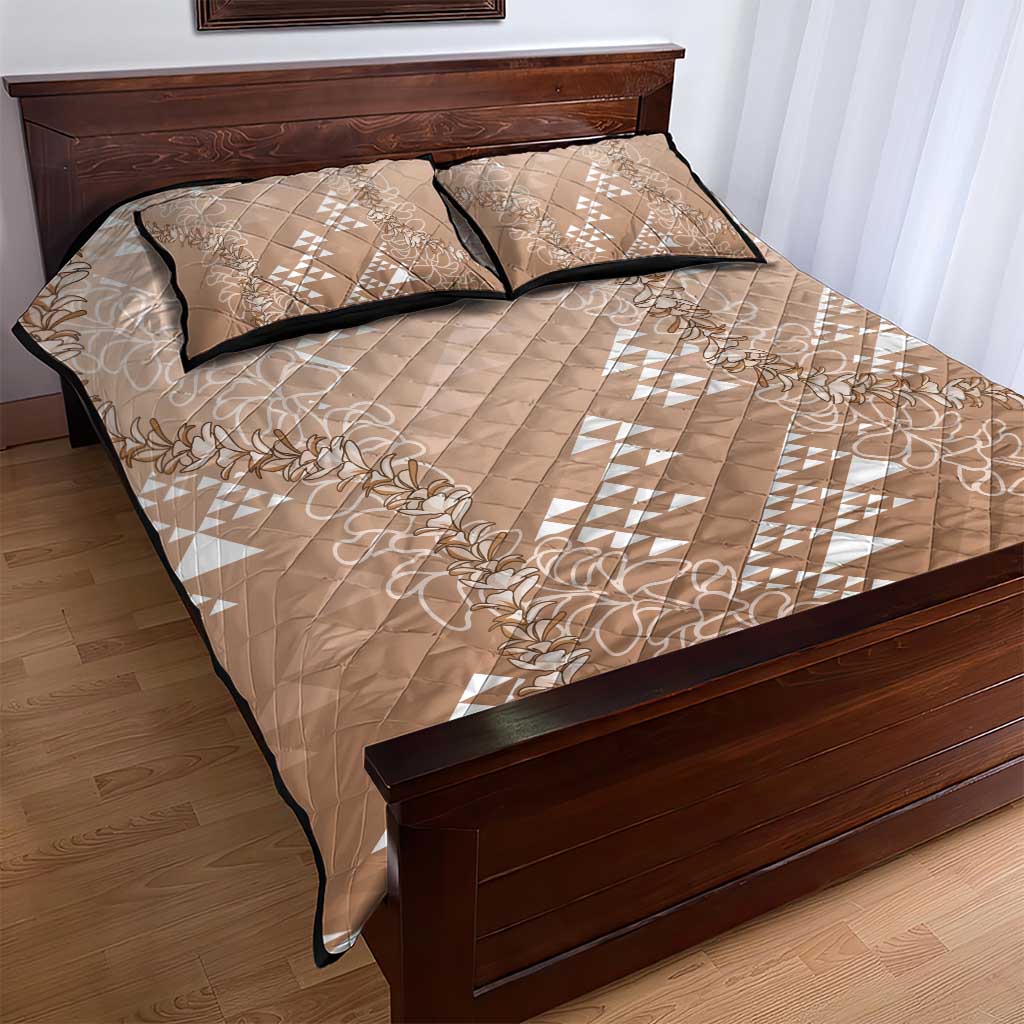 Hawaii Beige Kapa Quilt Bed Set Vintage 'Ohe Kāpala Motifs Mix Plumeria Leis LT7 - Polynesian Pride
