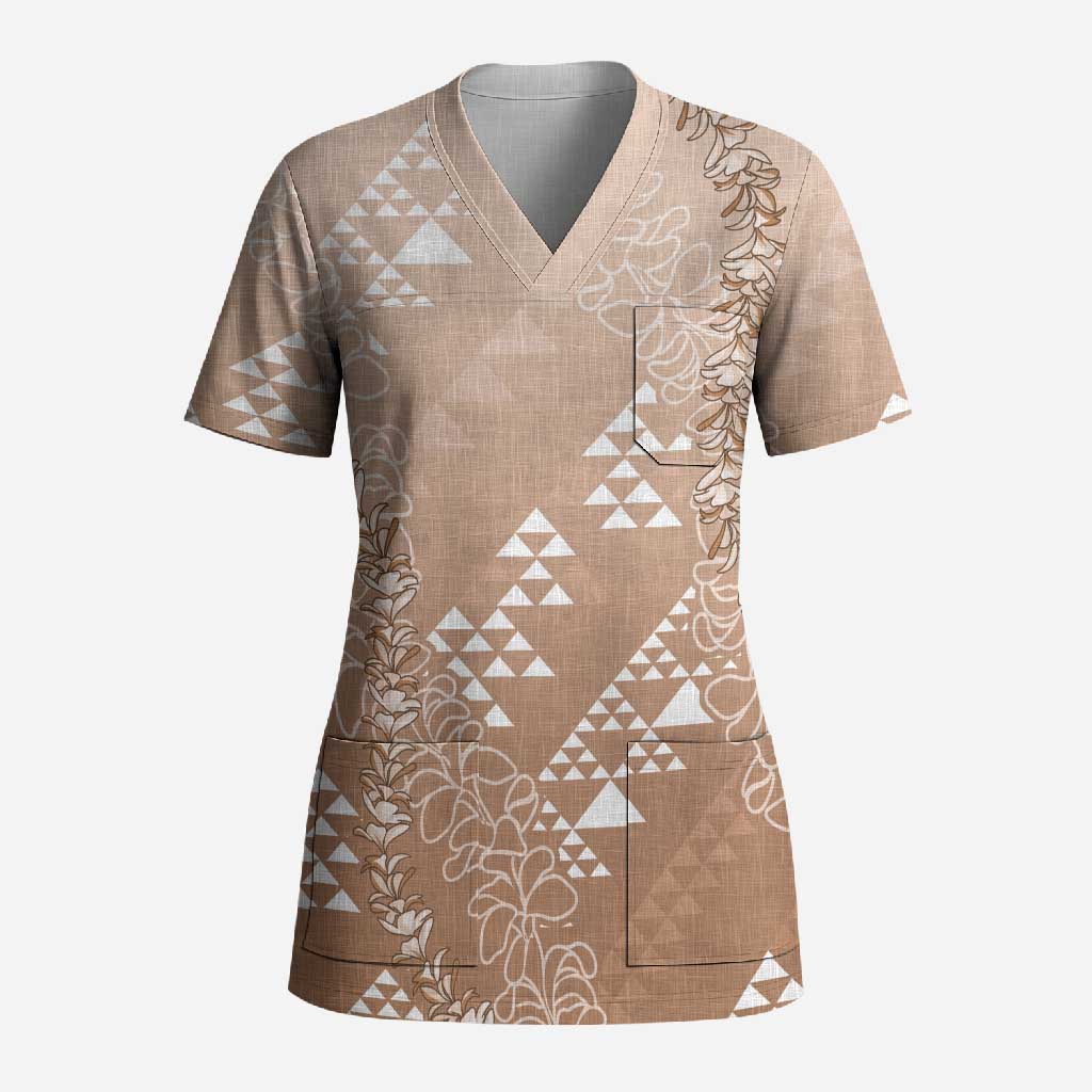 Hawaii Beige Kapa Scrub Top Vintage 'Ohe Kāpala Motifs Mix Plumeria Leis LT7 Adult Beige - Polynesian Pride