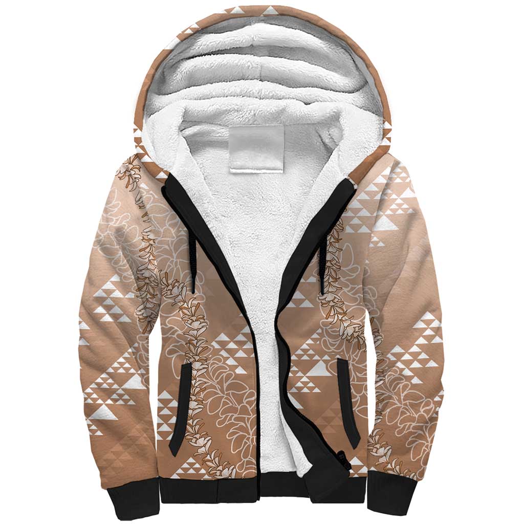 Hawaii Beige Kapa Sherpa Hoodie Vintage 'Ohe Kāpala Motifs Mix Plumeria Leis LT7 Unisex Beige - Polynesian Pride