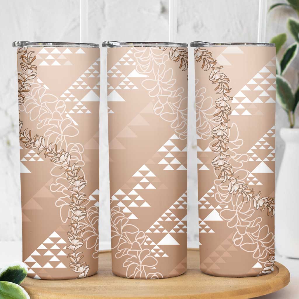 Hawaii Beige Kapa Skinny Tumbler Vintage 'Ohe Kāpala Motifs Mix Plumeria Leis