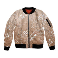 Hawaii Beige Kapa Sleeve Zip Bomber Jacket Vintage 'Ohe Kāpala Motifs Mix Plumeria Leis