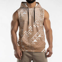 Hawaii Beige Kapa Sleeveless Hoodie Vintage 'Ohe Kāpala Motifs Mix Plumeria Leis