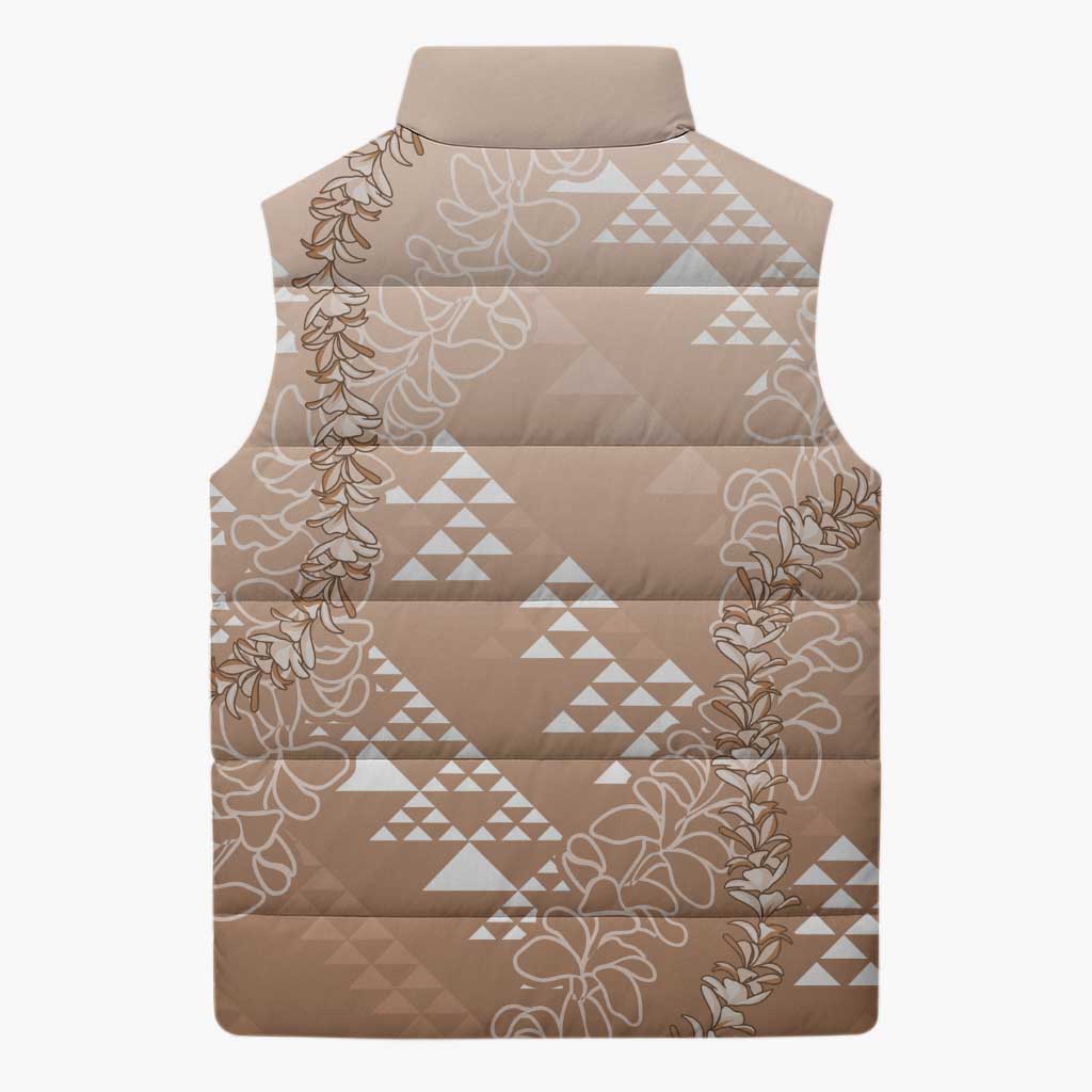 Hawaii Beige Kapa Sleeveless Puffer Jacket Vintage 'Ohe Kāpala Motifs Mix Plumeria Leis LT7 - Polynesian Pride