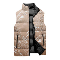 Hawaii Beige Kapa Sleeveless Puffer Jacket Vintage 'Ohe Kāpala Motifs Mix Plumeria Leis LT7 - Polynesian Pride