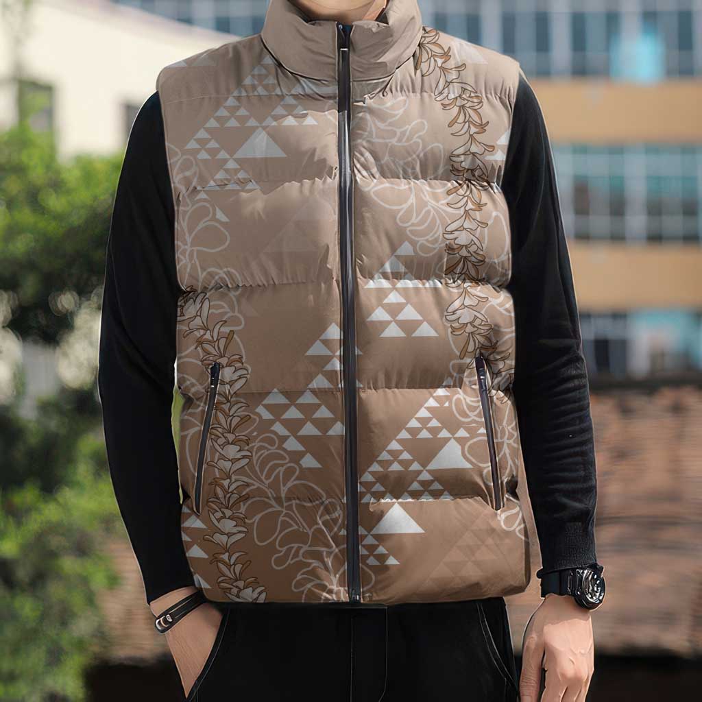 Hawaii Beige Kapa Sleeveless Puffer Jacket Vintage 'Ohe Kāpala Motifs Mix Plumeria Leis LT7 - Polynesian Pride