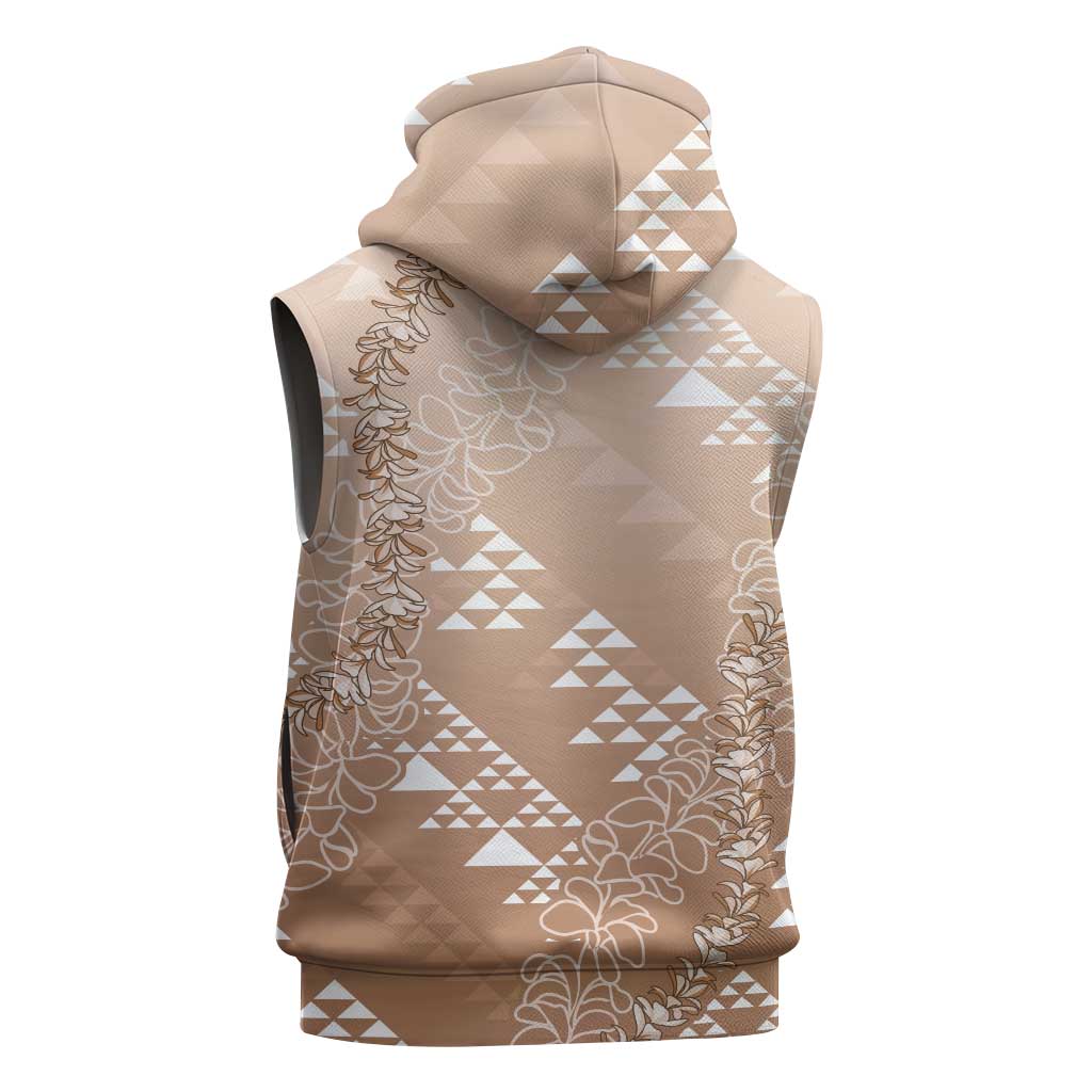 Hawaii Beige Kapa Sleeveless Zip Hoodie Vintage 'Ohe Kāpala Motifs Mix Plumeria Leis LT7 - Polynesian Pride
