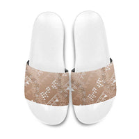 Hawaii Beige Kapa Slide Sandals Vintage 'Ohe Kāpala Motifs Mix Plumeria Leis