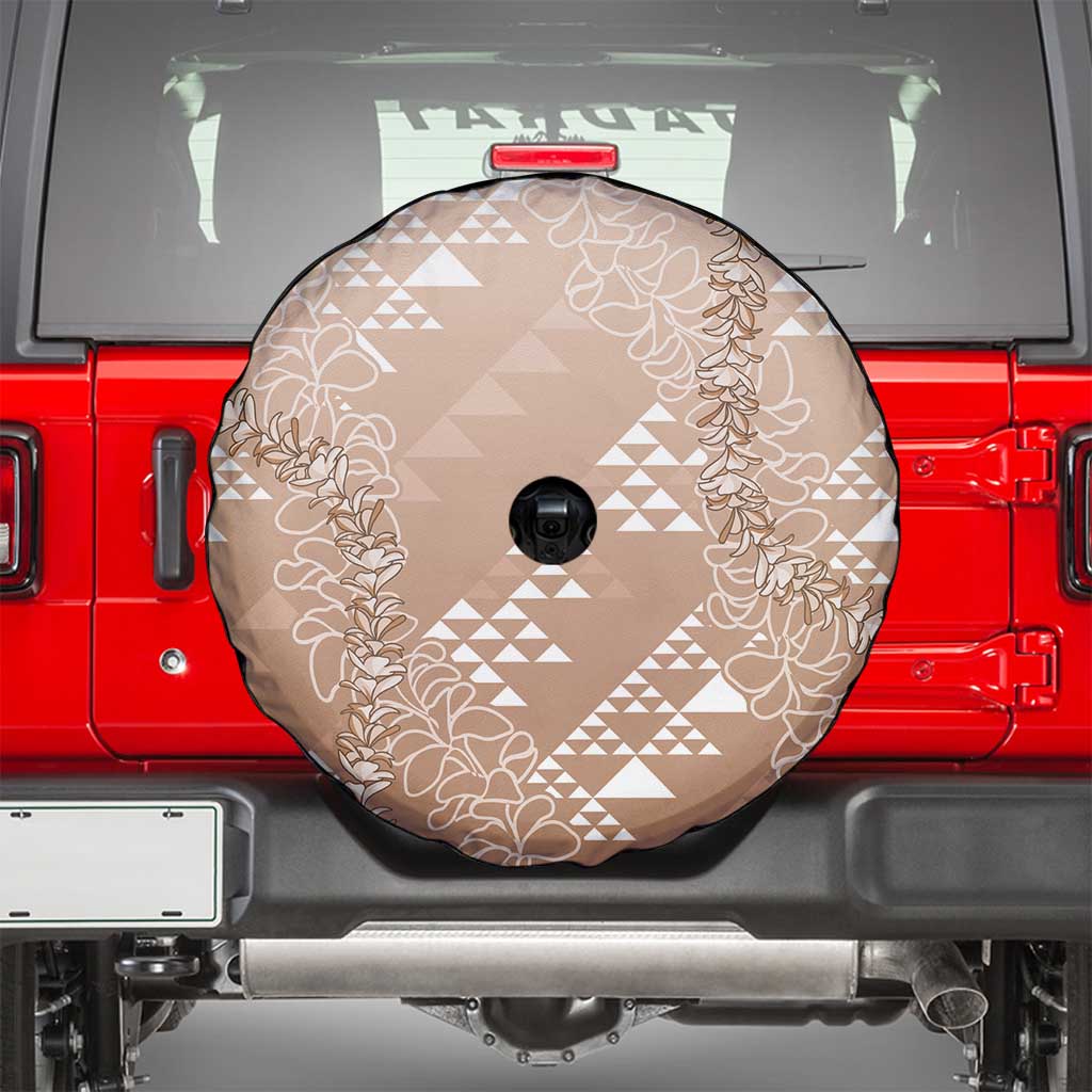 Hawaii Beige Kapa Spare Tire Cover Vintage 'Ohe Kāpala Motifs Mix Plumeria Leis LT7 - Polynesian Pride