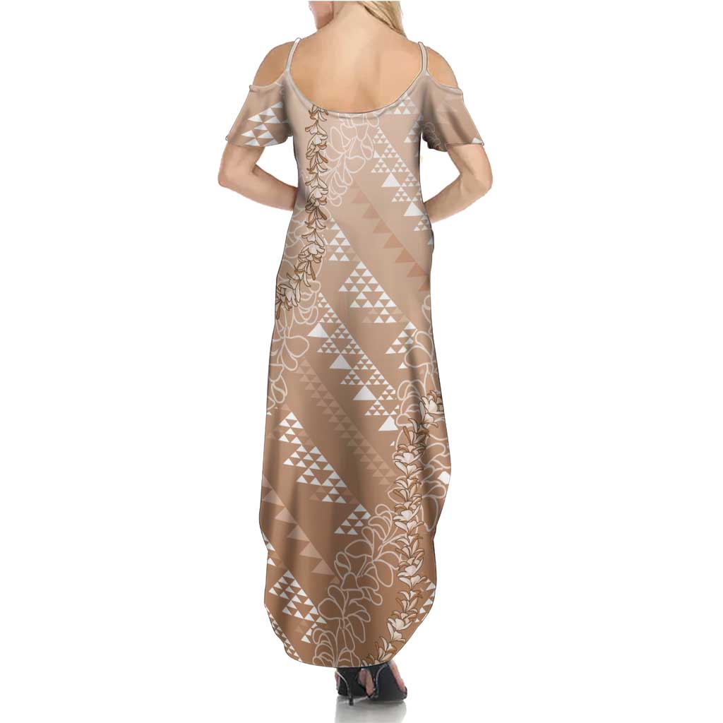 Hawaii Beige Kapa Summer Maxi Dress Vintage 'Ohe Kāpala Motifs Mix Plumeria Leis LT7 - Polynesian Pride