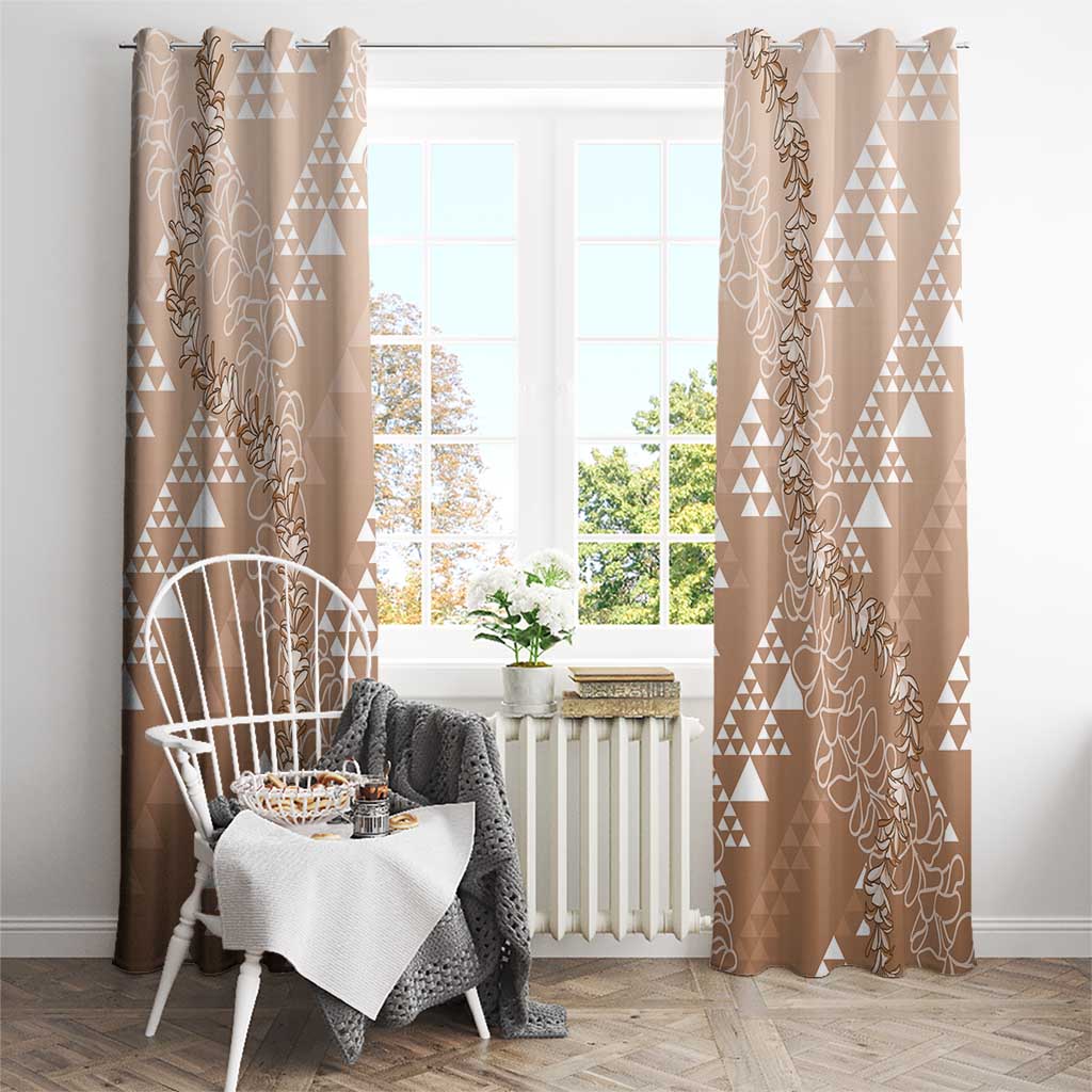 Hawaii Beige Kapa Window Curtain Vintage 'Ohe Kāpala Motifs Mix Plumeria Leis