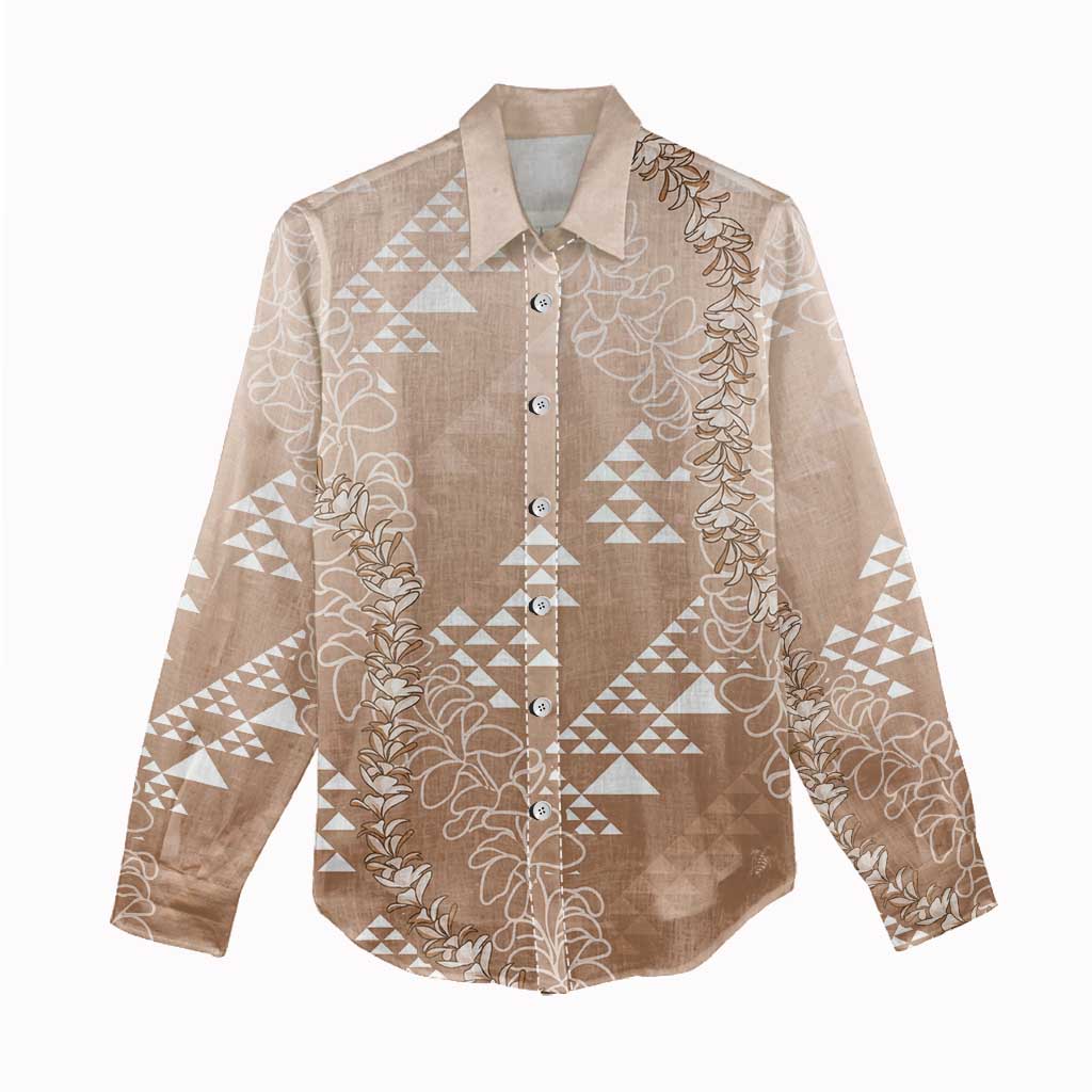 Hawaii Beige Kapa Women Casual Shirt Vintage 'Ohe Kāpala Motifs Mix Plumeria Leis