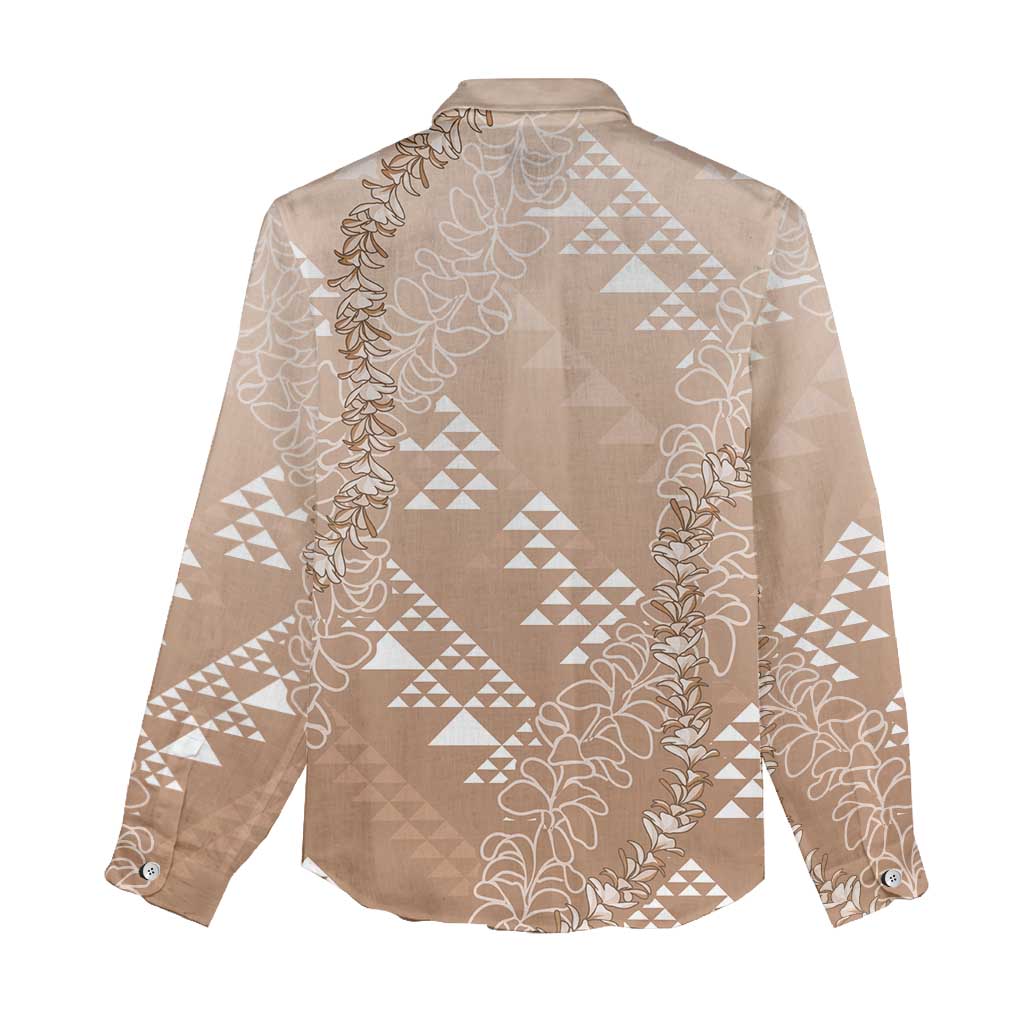 Hawaii Beige Kapa Women Casual Shirt Vintage 'Ohe Kāpala Motifs Mix Plumeria Leis