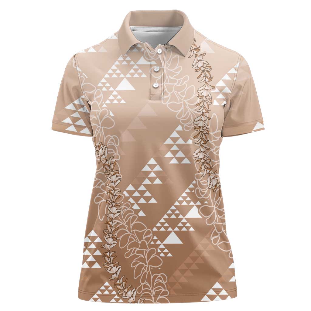 Hawaii Beige Kapa Women Polo Shirt Vintage 'Ohe Kāpala Motifs Mix Plumeria Leis
