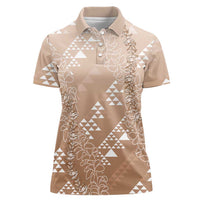 Hawaii Beige Kapa Women Polo Shirt Vintage 'Ohe Kāpala Motifs Mix Plumeria Leis