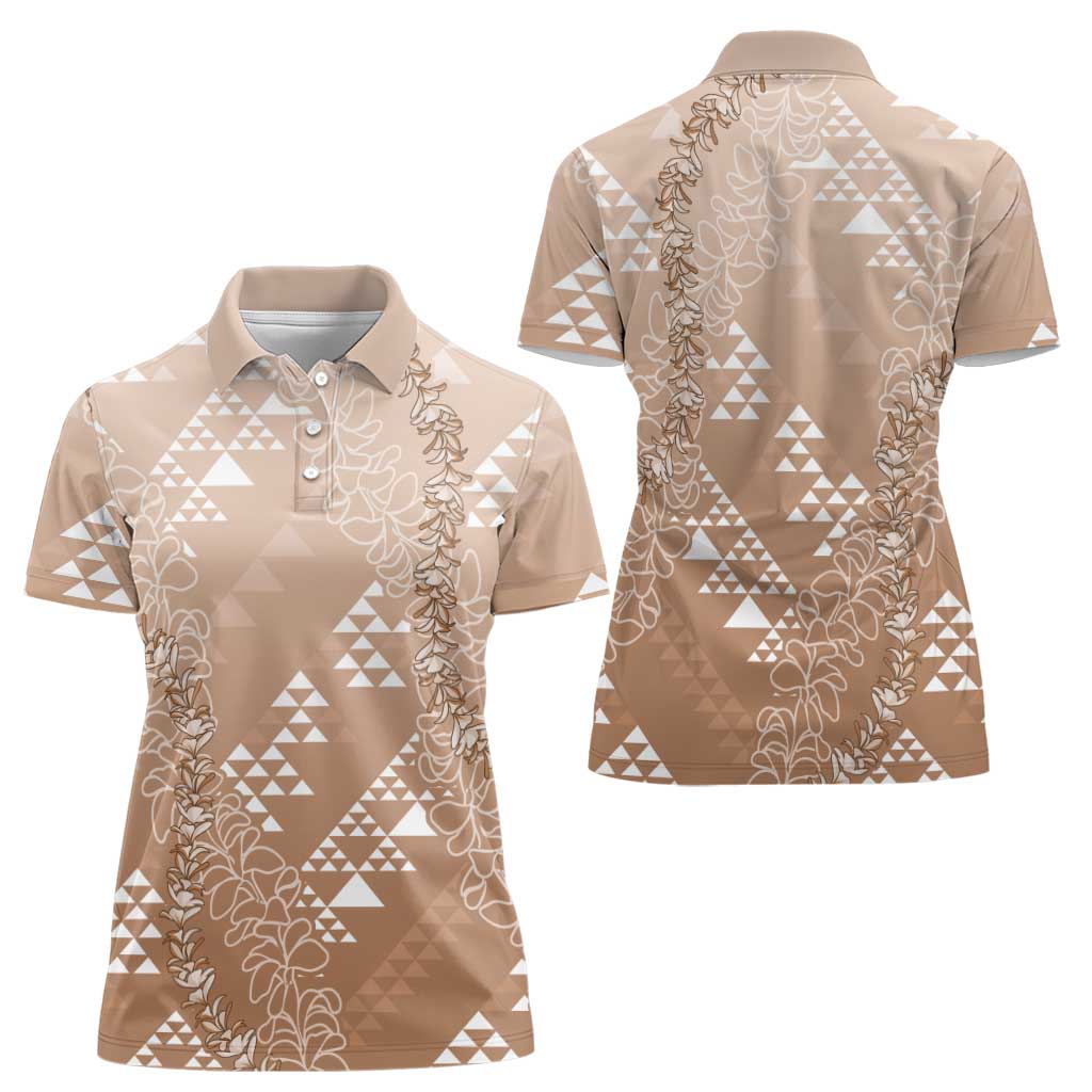Hawaii Beige Kapa Women Polo Shirt Vintage 'Ohe Kāpala Motifs Mix Plumeria Leis