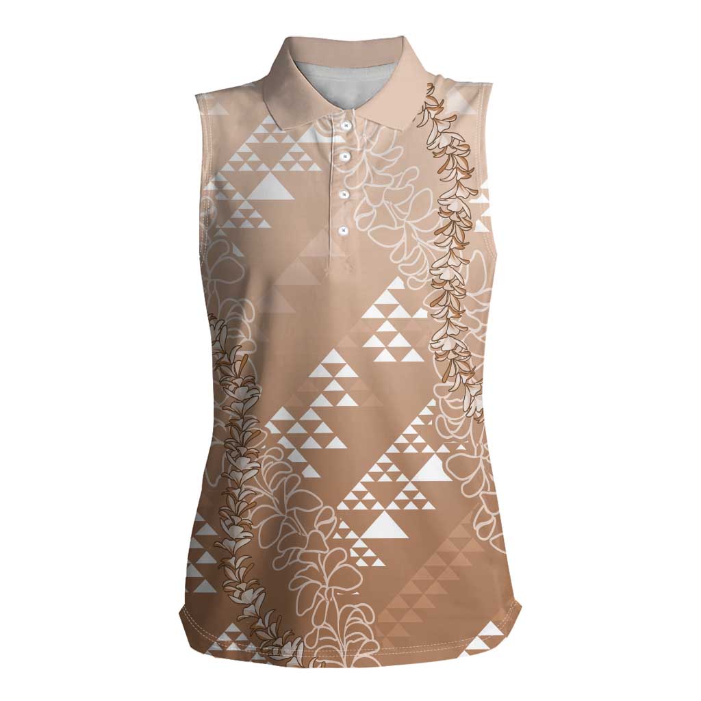 Hawaii Beige Kapa Women Sleeveless Polo Shirt Vintage 'Ohe Kāpala Motifs Mix Plumeria Leis