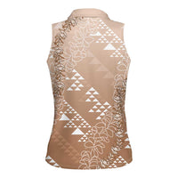 Hawaii Beige Kapa Women Sleeveless Polo Shirt Vintage 'Ohe Kāpala Motifs Mix Plumeria Leis