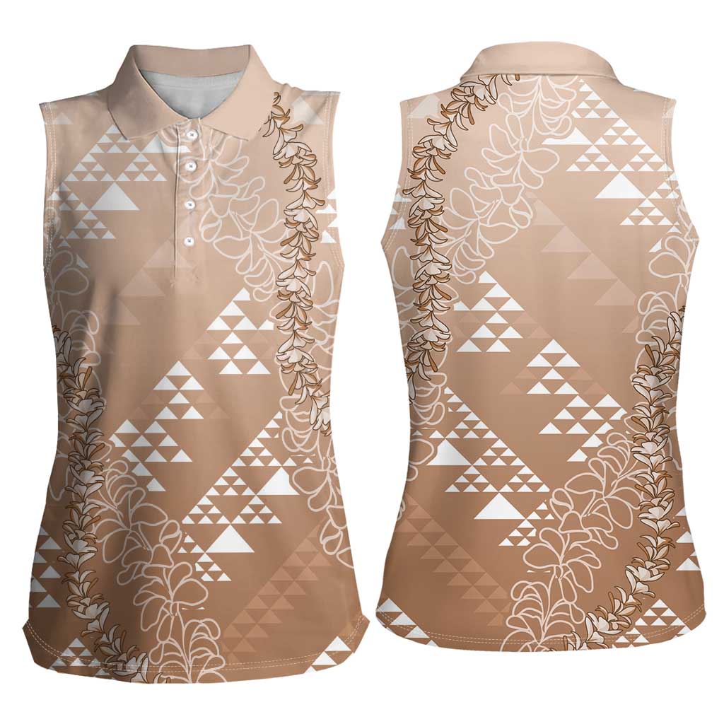 Hawaii Beige Kapa Women Sleeveless Polo Shirt Vintage 'Ohe Kāpala Motifs Mix Plumeria Leis