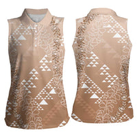 Hawaii Beige Kapa Women Sleeveless Polo Shirt Vintage 'Ohe Kāpala Motifs Mix Plumeria Leis
