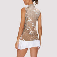 Hawaii Beige Kapa Women Sleeveless Polo Shirt Vintage 'Ohe Kāpala Motifs Mix Plumeria Leis