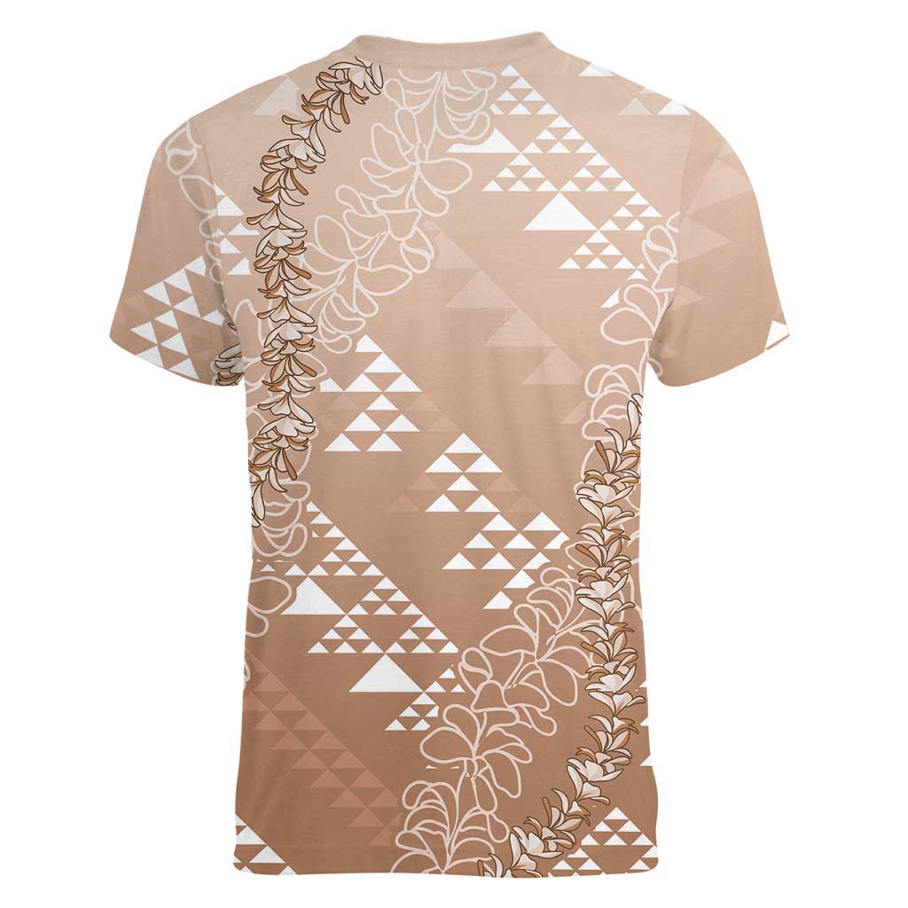 Hawaii Beige Kapa Women V-Neck T-Shirt Vintage 'Ohe Kāpala Motifs Mix Plumeria Leis
