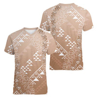 Hawaii Beige Kapa Women V-Neck T-Shirt Vintage 'Ohe Kāpala Motifs Mix Plumeria Leis
