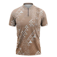 Hawaii Beige Kapa Zipper Polo Shirt Vintage 'Ohe Kāpala Motifs Mix Plumeria Leis