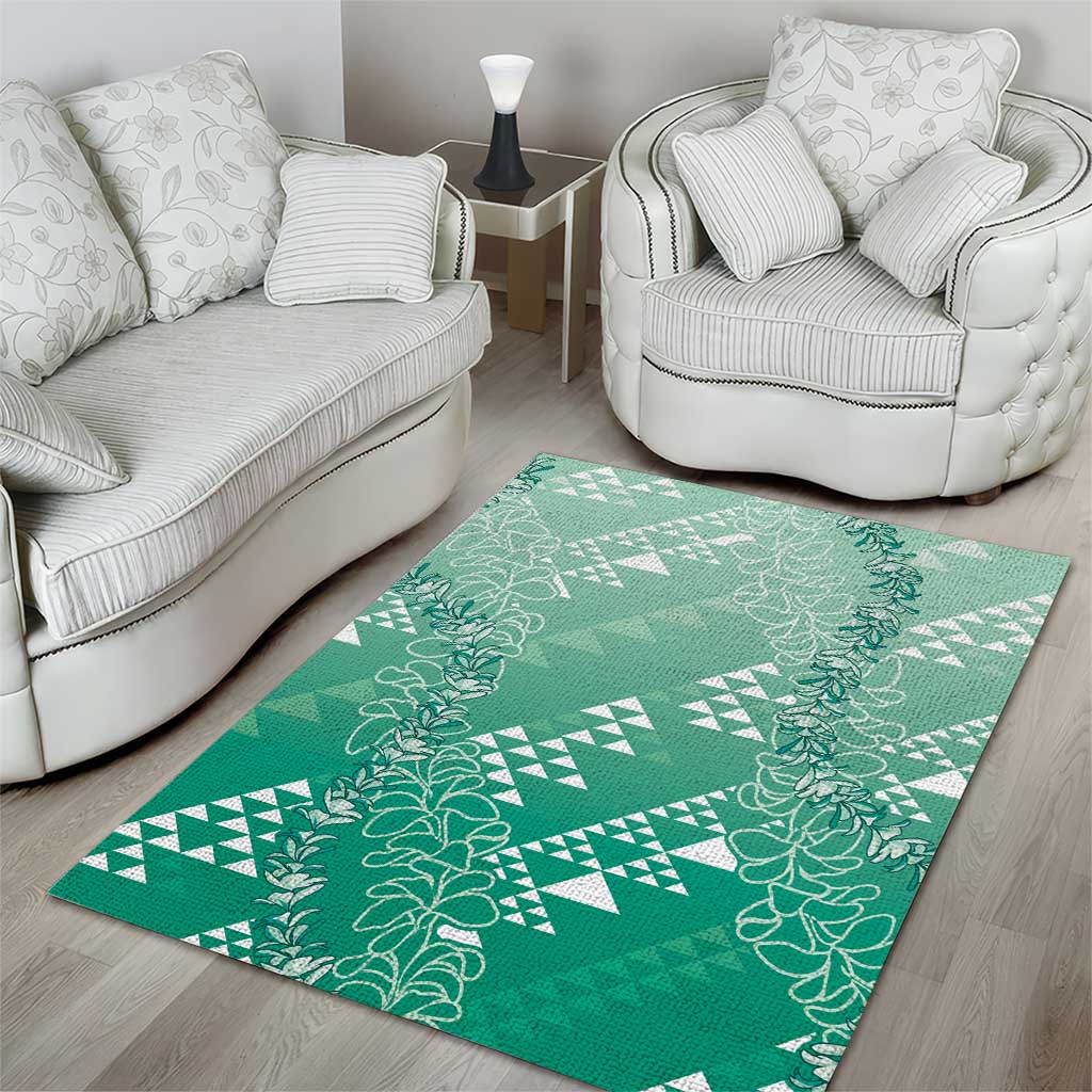 Hawaii Jade Green Kapa Area Rug Vintage 'Ohe Kāpala Motifs Mix Plumeria Leis LT7 - Polynesian Pride