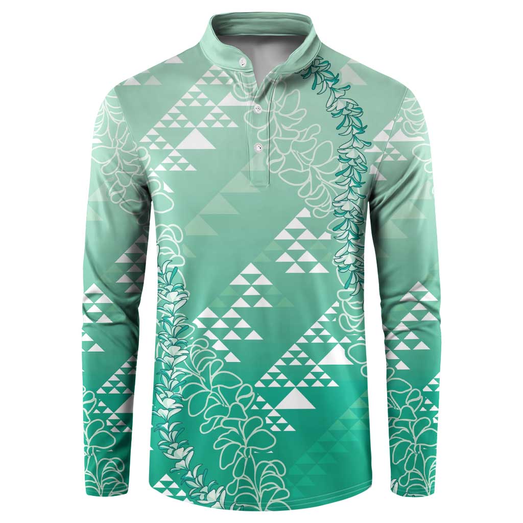 Hawaii Jade Green Kapa Button Sweatshirt Vintage 'Ohe Kāpala Motifs Mix Plumeria Leis LT7 Jade Green - Polynesian Pride