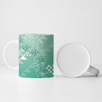 Hawaii Jade Green Kapa Ceramic Mug Vintage 'Ohe Kāpala Motifs Mix Plumeria Leis