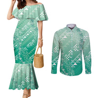 Hawaii Jade Green Kapa Couples Matching Mermaid Dress and Long Sleeve Button Shirt Vintage 'Ohe Kāpala Motifs Mix Plumeria Leis