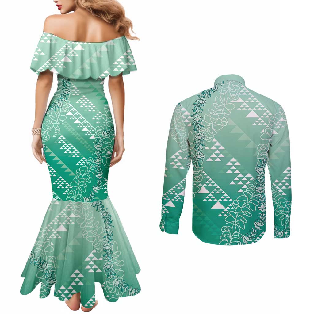 Hawaii Jade Green Kapa Couples Matching Mermaid Dress and Long Sleeve Button Shirt Vintage 'Ohe Kāpala Motifs Mix Plumeria Leis