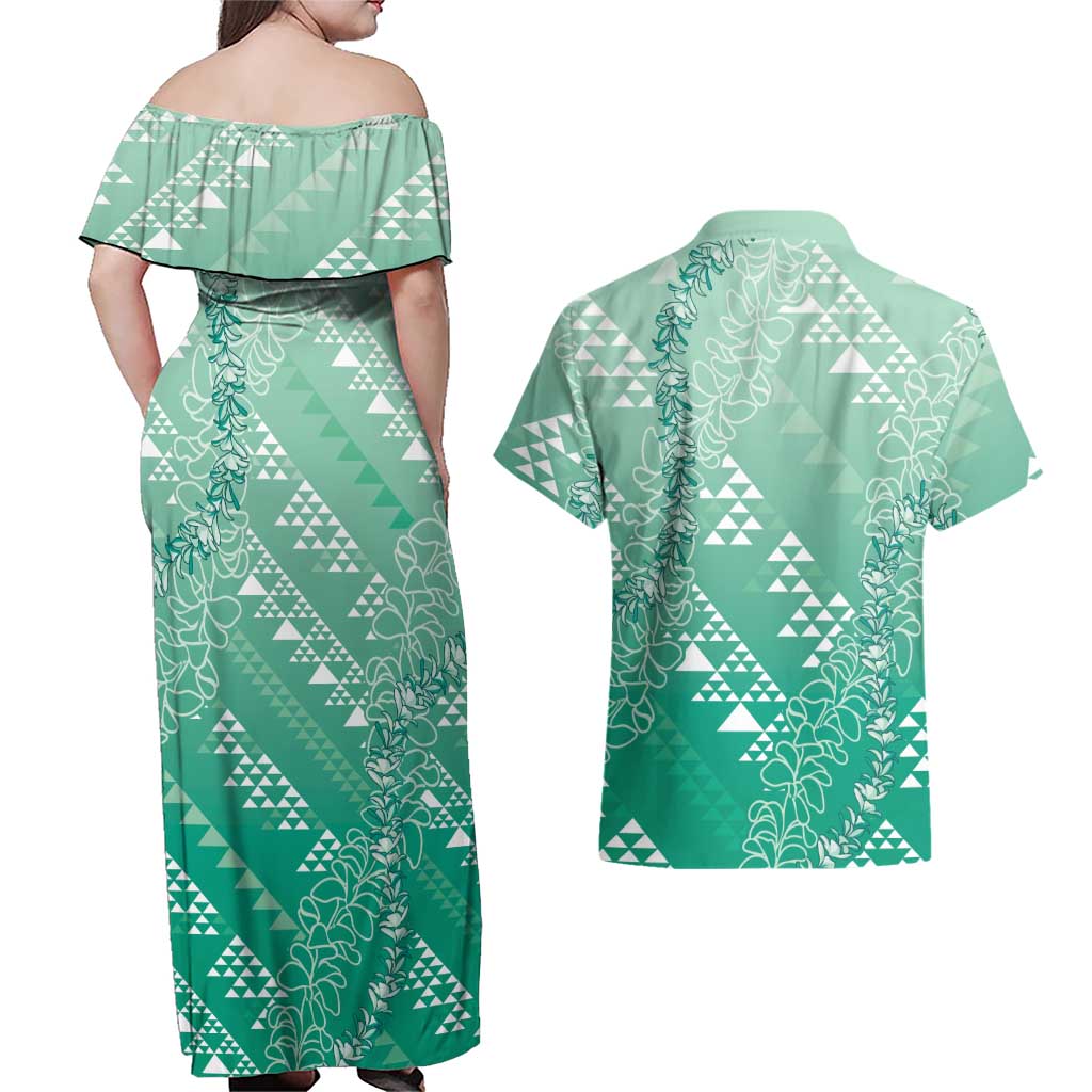Hawaii Jade Green Kapa Couples Matching Off Shoulder Maxi Dress and Hawaiian Shirt Vintage 'Ohe Kāpala Motifs Mix Plumeria Leis LT7 - Polynesian Pride