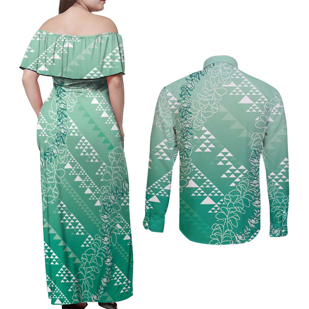 Hawaii Jade Green Kapa Couples Matching Off Shoulder Maxi Dress and Long Sleeve Button Shirt Vintage 'Ohe Kāpala Motifs Mix Plumeria Leis