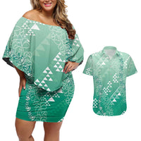Hawaii Jade Green Kapa Couples Matching Off Shoulder Short Dress and Hawaiian Shirt Vintage 'Ohe Kāpala Motifs Mix Plumeria Leis LT7 Jade Green - Polynesian Pride