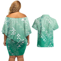 Hawaii Jade Green Kapa Couples Matching Off Shoulder Short Dress and Hawaiian Shirt Vintage 'Ohe Kāpala Motifs Mix Plumeria Leis LT7 - Polynesian Pride
