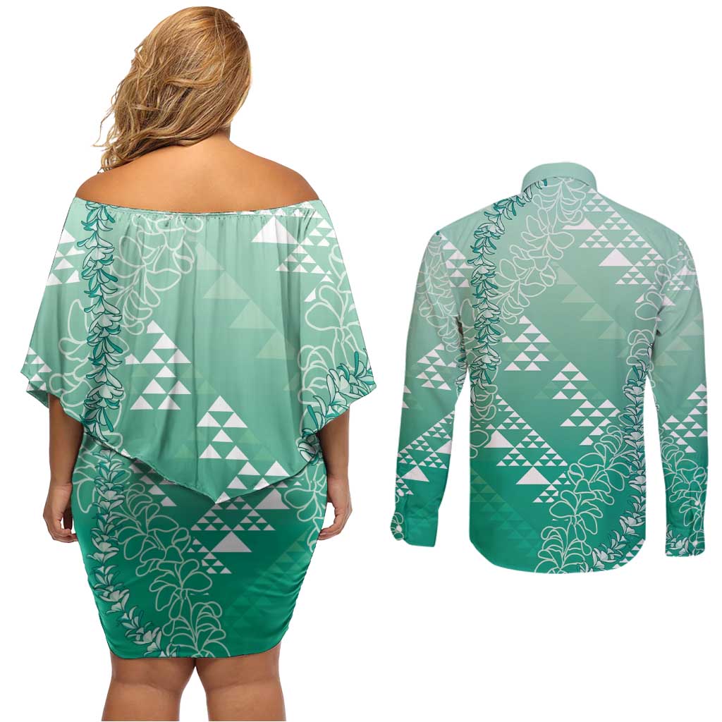 Hawaii Jade Green Kapa Couples Matching Off Shoulder Short Dress and Long Sleeve Button Shirt Vintage 'Ohe Kāpala Motifs Mix Plumeria Leis